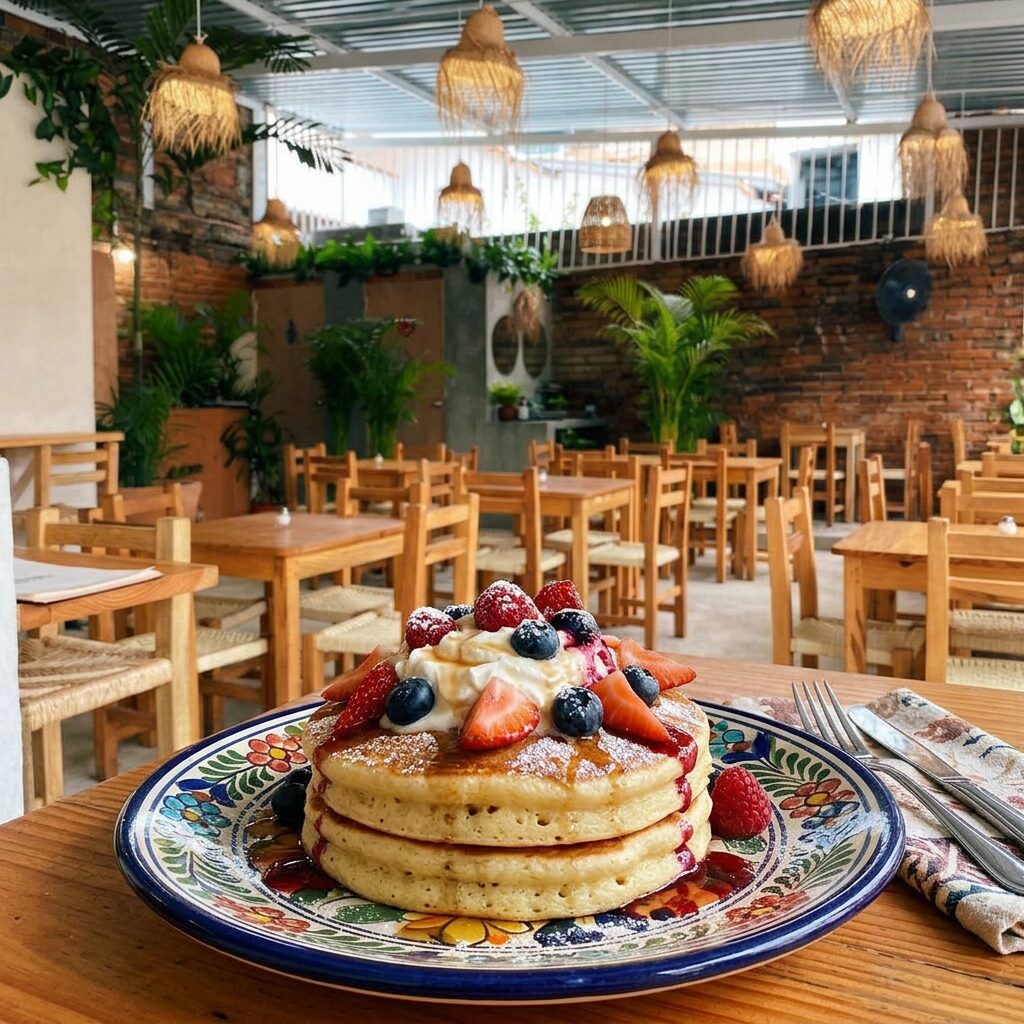 Fluffy fruit topped pancakes